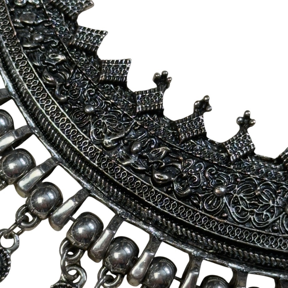 Boho Oxidized Silver Tone Tribal Coin Fringe Bib Necklace Statement Choker - Picture 7 of 14